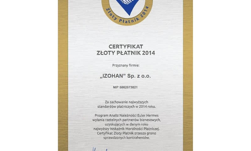 IZOHAN Złotym Płatnikiem 2014